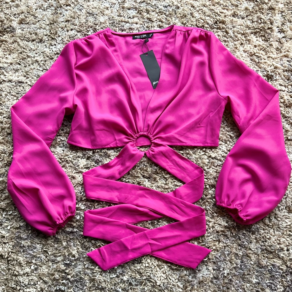 Nasty Gal Glossy Pink O Ring Cropped Blouse